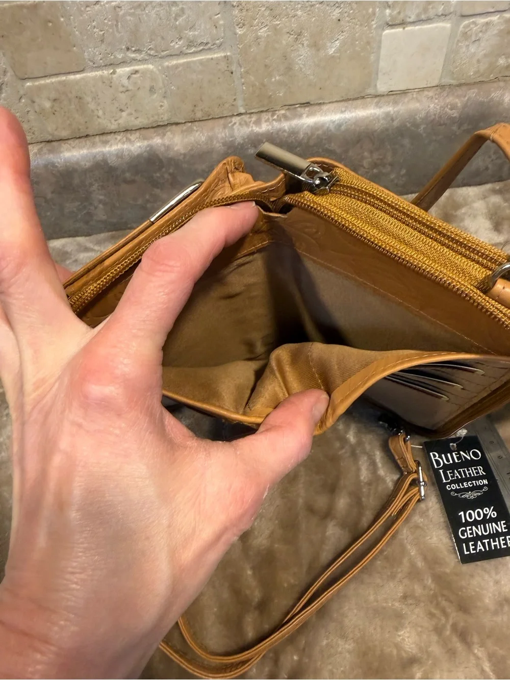 Tan Floral Embossed Genuine Leather Wristlet Wallet